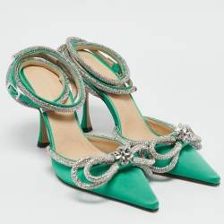 Pre Owned Mach & Mach Green Satin Double Bow Crystal Embellished Ankle Strap Pumps Size 39