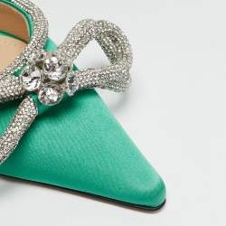 Pre Owned Mach & Mach Green Satin Double Bow Crystal Embellished Ankle Strap Pumps Size 39
