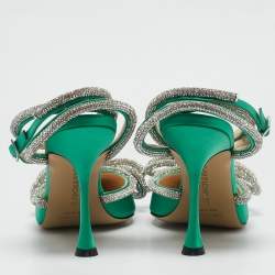 Pre Owned Mach & Mach Green Satin Double Bow Crystal Embellished Ankle Strap Pumps Size 39