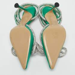 Pre Owned Mach & Mach Green Satin Double Bow Crystal Embellished Ankle Strap Pumps Size 39