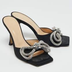 مملوكة مسبقًا Mach & Mach Black Satin Double Bow Crystal Embellished Slip Sandals Size 38