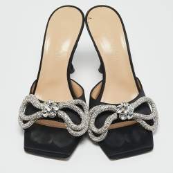 مملوكة مسبقًا Mach & Mach Black Satin Double Bow Crystal Embellished Slip Sandals Size 38