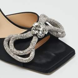 مملوكة مسبقًا Mach & Mach Black Satin Double Bow Crystal Embellished Slip Sandals Size 38