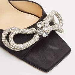 Pre Owned Mach & Mach Black Satin Crystal Embellished Double Bow Slide Sandals Size 38.5