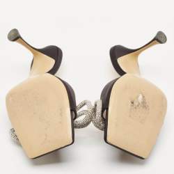 Pre Owned Mach & Mach Black Satin Crystal Embellished Double Bow Slide Sandals Size 38.5