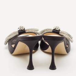 Pre Owned Mach & Mach Black Satin Crystal Embellished Double Bow Slide Sandals Size 38.5