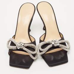 Pre Owned Mach & Mach Black Satin Crystal Embellished Double Bow Slide Sandals Size 38.5