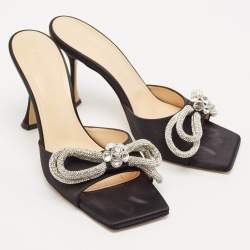 Pre Owned Mach & Mach Black Satin Crystal Embellished Double Bow Slide Sandals Size 38.5