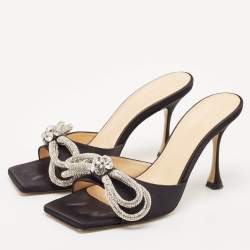 Pre Owned Mach & Mach Black Satin Crystal Embellished Double Bow Slide Sandals Size 38.5