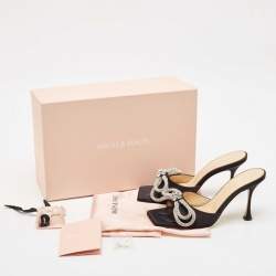 Pre Owned Mach & Mach Black Satin Crystal Embellished Double Bow Slide Sandals Size 38.5