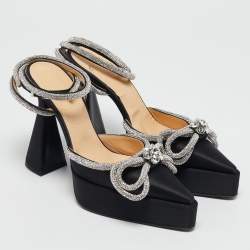 Mach & Mach Black Satin Double Bow Crystal Embellished Platform Pumps Size 39