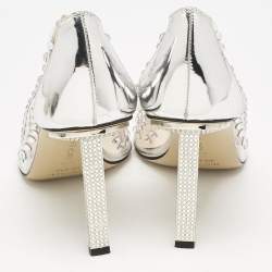 Pre Owned Mach & Mach Silver Patent Leather and PVC Fantasy Crystals Pumps Size 38.5