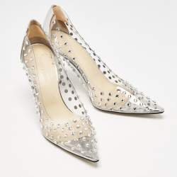 Pre Owned Mach & Mach Silver Patent Leather and PVC Fantasy Crystals Pumps Size 38.5