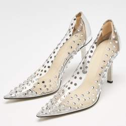 Pre Owned Mach & Mach Silver Patent Leather and PVC Fantasy Crystals Pumps Size 38.5