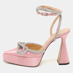 Pre Owned Mach & Mach Pink Satin Double Bow Crystal Embellished Platform Pumps Size 40