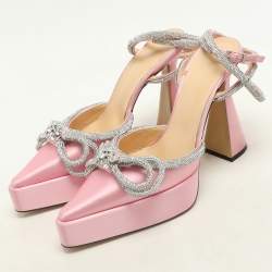 Pre Owned Mach & Mach Pink Satin Double Bow Crystal Embellished Platform Pumps Size 40
