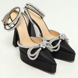 مملوكة مسبقًا Mach & Mach Black Satin Double Bow Crystal Embellished Platform Pumps Size 40