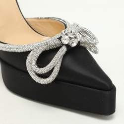 مملوكة مسبقًا Mach & Mach Black Satin Double Bow Crystal Embellished Platform Pumps Size 40