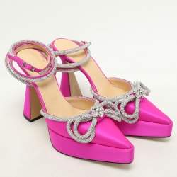 Mach & Mach Pink Satin Double Bow Crystal Embellished Platform Pumps Size 40