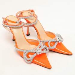 Pre Owned Mach & Mach Transparent/Silver PVC Crystal Embellished Double Bow Ankle Wrap Pumps Size 40