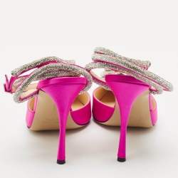 Mach & Mach Pink Satin Crystal Embellished Triple Heart Ankle Wrap Pumps Size 40