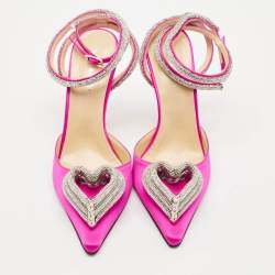 Mach & Mach Pink Satin Crystal Embellished Triple Heart Ankle Wrap Pumps Size 40