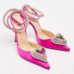Mach & Mach Pink Satin Crystal Embellished Triple Heart Ankle Wrap Pumps Size 40