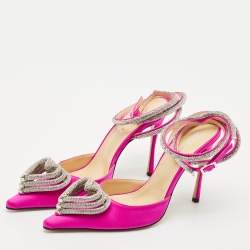 Mach & Mach Pink Satin Crystal Embellished Triple Heart Ankle Wrap Pumps Size 40