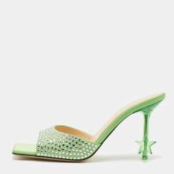 Mach & Mach Green Satin Crystal Embellished Star Slide Sandals Size 38