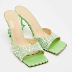 Mach & Mach Green Satin Crystal Embellished Star Slide Sandals Size 38
