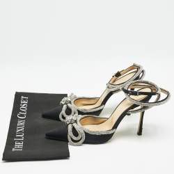 Mach & Mach Black Satin Double Bow Crystal Embellished Ankle Strap Pumps Size 39