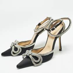 Mach & Mach Black Satin Double Bow Crystal Embellished Ankle Strap Pumps Size 39