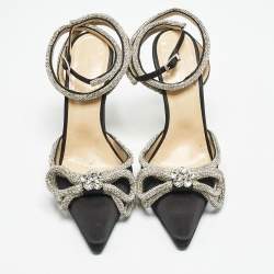 Mach & Mach Black Satin Double Bow Crystal Embellished Ankle Strap Pumps Size 39