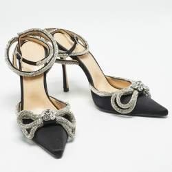 Mach & Mach Black Satin Double Bow Crystal Embellished Ankle Strap Pumps Size 39