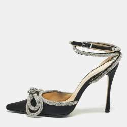 Mach & Mach Black Satin Double Bow Crystal Embellished Ankle Strap Pumps Size 39