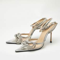 Mach & Mach Silver PVC Crystal Embellished Double Bow Pumps Size 39