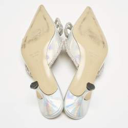 Mach & Mach Silver Iridescent PVC Crystal Embellished Double Bow Mules Size 42