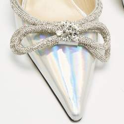 Mach & Mach Silver Iridescent PVC Crystal Embellished Double Bow Mules Size 42