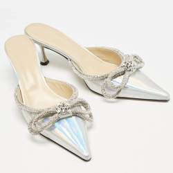 Mach & Mach Silver Iridescent PVC Crystal Embellished Double Bow Mules Size 42