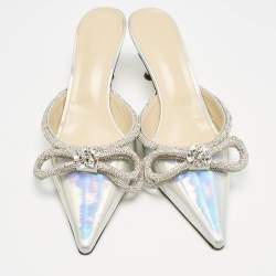 Mach & Mach Silver Iridescent PVC Crystal Embellished Double Bow Mules Size 42
