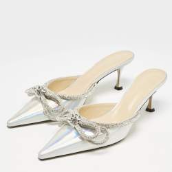 Mach & Mach Silver Iridescent PVC Crystal Embellished Double Bow Mules Size 42