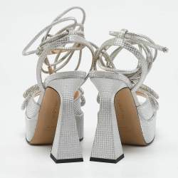 Mach & Mach Silver Leather Double Bow Platform Block Heel Ankle Strap Sandals Size 38