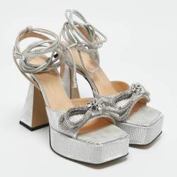 Mach & Mach Silver Leather Double Bow Platform Block Heel Ankle Strap Sandals Size 38