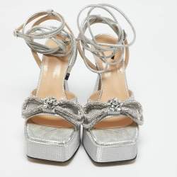 Mach & Mach Silver Leather Double Bow Platform Block Heel Ankle Strap Sandals Size 38