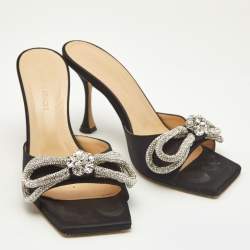 Mach & Mach Black Satin Double Bow Crystals Slide Sandals Size 36.5