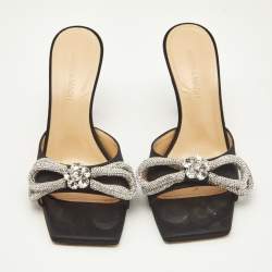 Mach & Mach Black Satin Double Bow Crystals Slide Sandals Size 36.5