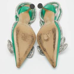 Mach & Mach Green Satin Double Bow Crystal Embellished Ankle Strap Pumps Size 35.5