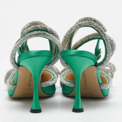 Mach & Mach Green Satin Double Bow Crystal Embellished Ankle Strap Pumps Size 35.5