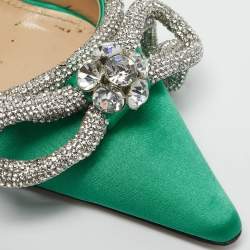 Mach & Mach Green Satin Double Bow Crystal Embellished Ankle Strap Pumps Size 35.5