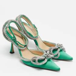 Mach & Mach Green Satin Double Bow Crystal Embellished Ankle Strap Pumps Size 35.5